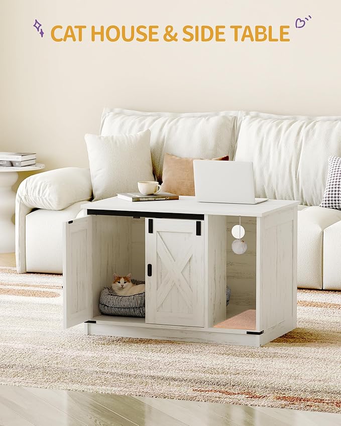 Cat Litter Box Enclosure, Hidden Litter Box Cabinet Furniture with Bell, Indoor Cats House, Farmhouse Style, 31.5 x 19.7 x 20.9Inches, for Hallway, Bedroom, White CB82414B