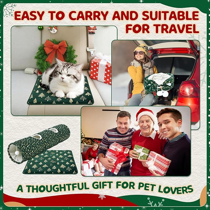 Thyle 2 Pcs Christmas Straight Cat Tunnel with Plush Inside & Self Warming Pet Bed 49 ×12 Inch Green Collapsible Pet Tube for Indoor Cats Include Balls Peek Hole Xmas Tree Snowflakes Self Heating Mat