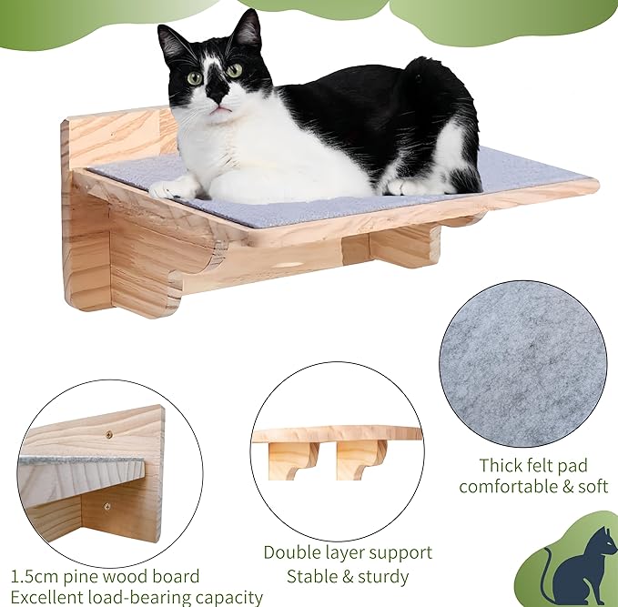 Cat Wall Shelves with 3 Steps - All-in-One Climbing & Resting Furniture, Solid Wood Wide Perch & Hammock for Indoor Cats, Supports up to 25lbs for Small to Large Cats