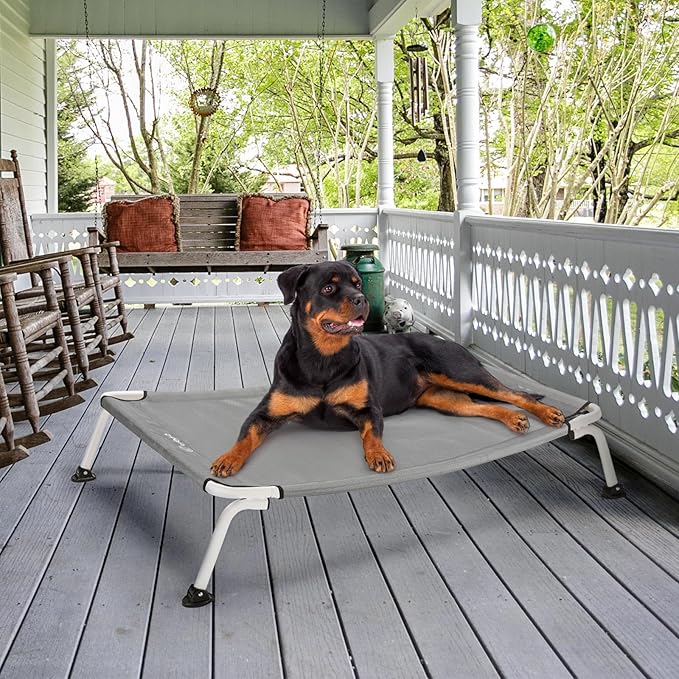 Veehoo Elevated Dog Bed for Outdoor, Cooling Waterproof Raised Dog Cots Beds XL, Curved Off Ground Pet Hammock Cot Lifted for Outside, up to 150lbs, White Legs, Grey 49"