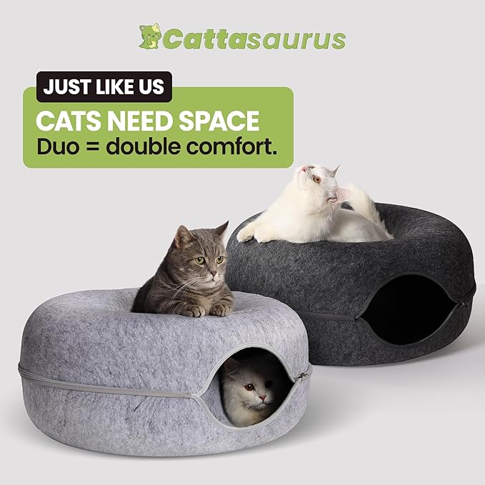 Cattasaurus Peekaboo Cat Cave Donut for Multiple & Large Cats up to 30-45 lbs, 3-in-1 Self Warming Cat Bed, Tunnel & Scratcher for Indoor Cats, Washable & Detachable (Light Gray + Dark Gray, Large)