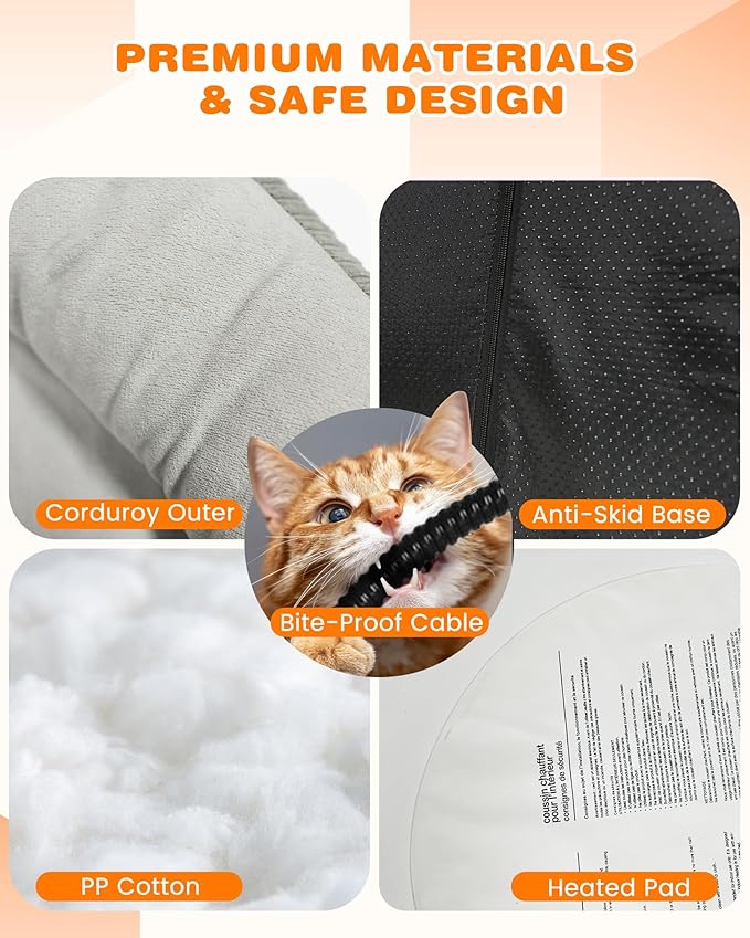 Heated Cat Bed Indoor Pets – Adjustable Temperature 86-131℉ Cat Heating Pad with Timer, Chew Resistant 87 Inch Cord, Washable Cover, Round Cozy Donut Pet Bed for Small Cats Kittens Dogs