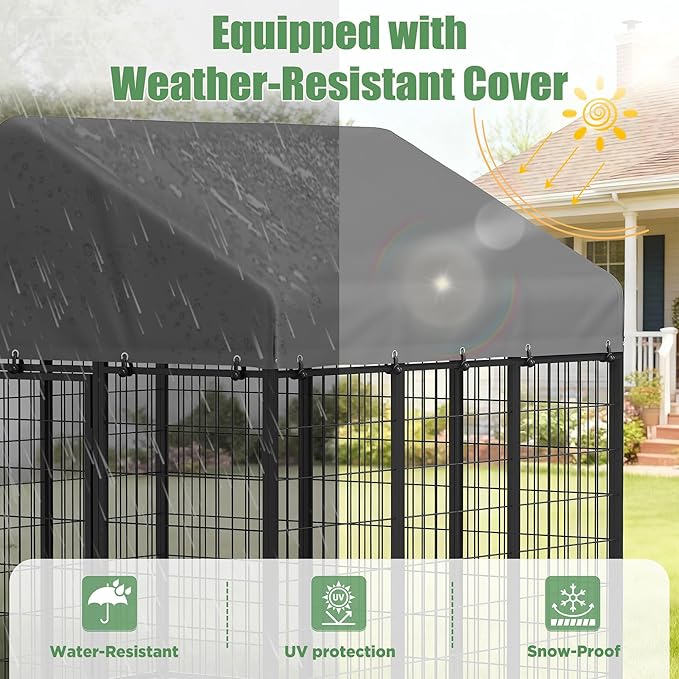 Heavy Duty Outdoor Dog Kennel for Yard, 6x6 Small Steel Chain Link Fence with Roof, Dog Run Enclosure with Feeding Bowl & Self-Locking Latch