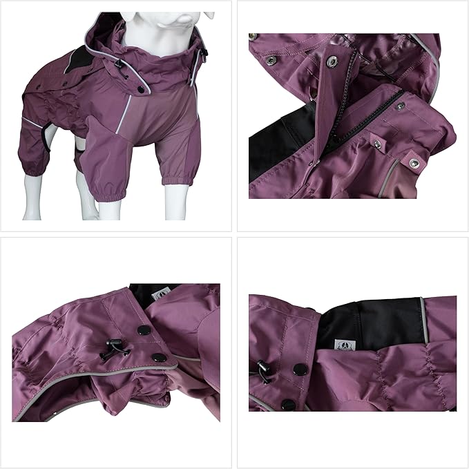 LOVELONGLONG Waterproof Dog Raincoat with Removable Hood – Outdoor Full Body Dog Jacket, Windproof Snowproof Shell Suit – All Season Pet Rain Gear Plum Purple XS