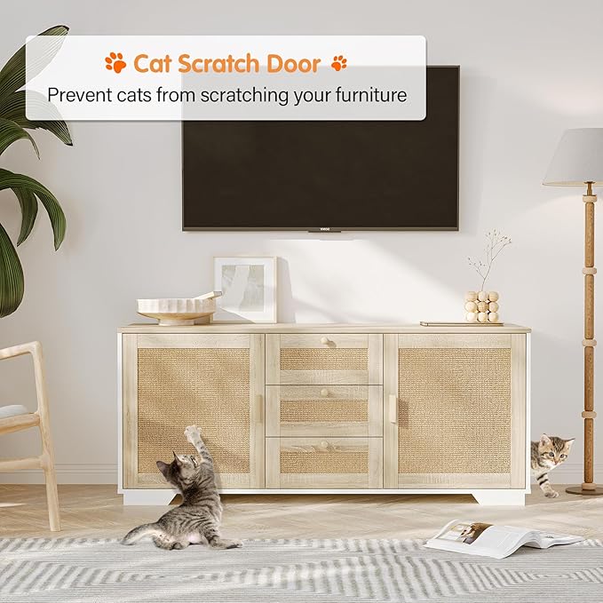 Cat Litter Box Enclosure Furniture Hidden Indoor 2-in-1 Wooden Cat & Washroom Cabinet with Scratching Board Doors and 3 Drawer for 2 Cats, 55"x20"x24"H