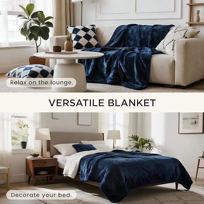 gogobunny Waterproof Bed Blanket, Reversible Sherpa Fleece Throw Blanket for Dog Puppy Cat, Furniture Cover Protects Bed Couch Sofa from Liquid Pee and Pet Fur (Navy Blue, 60x80 inches)