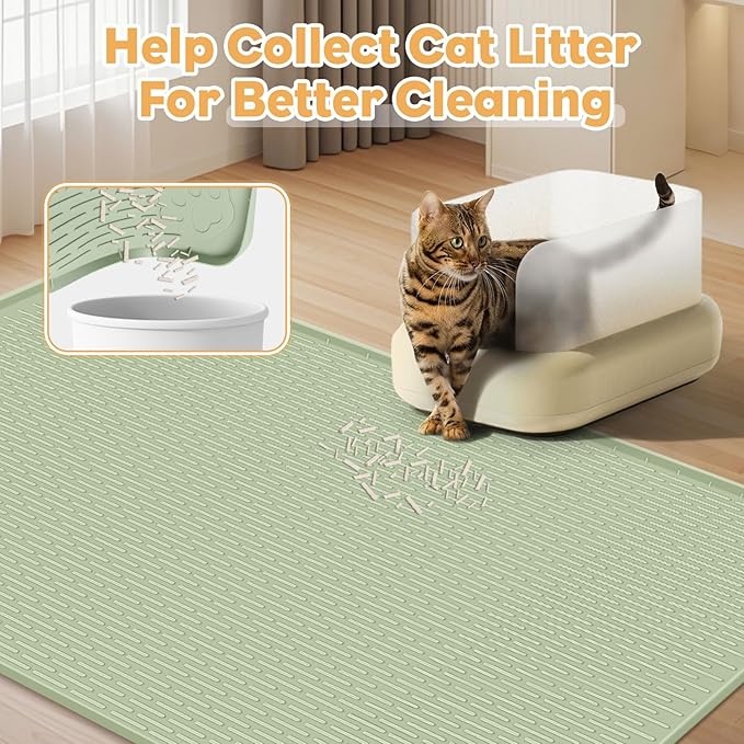 40"x28" Cat Litter Mat Lanstics Cat Mat for Litter Box Large Silicone Litter Box Mat for Kitty Scatter Control Floor Protect (Green)