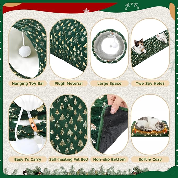 Thyle 2 Pcs Christmas Straight Cat Tunnel with Plush Inside & Self Warming Pet Bed 49 ×12 Inch Green Collapsible Pet Tube for Indoor Cats Include Balls Peek Hole Xmas Tree Snowflakes Self Heating Mat