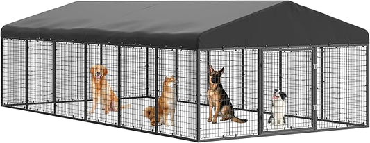 236" x 118" Outdoor Dog Kennel Steel Ideal Dog Fence for Medium/Small Dogs Anti-Rust Coating Cage with Roof All Weather Resistant Dog House with Double Locks