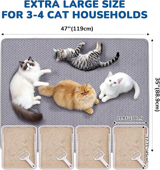 BurgeonNest Cat Litter Mat 47" x 35" Upgraded Felt & Fabric Material Cat Trapping Mat for Fewer Creases, Extra Large Hold 3-4 Litter Boxes Urine-Proof Non Slip, Machine Washable, Soft on Paws, Grey