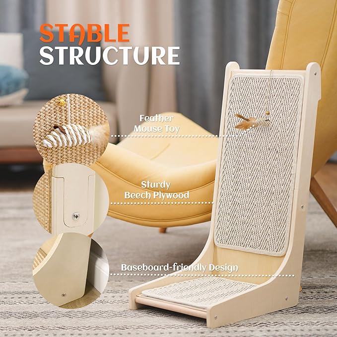 PETKARAY 105° Cat Scratcher, Sisal Kitty Scratch Pad, L Shape Scratching Board for Indoor Cats, Floor Mounted Scratcher with Mouse Toy Catnip, Chevron Style