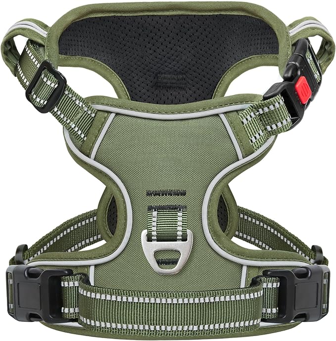 Timos Dog Harness Large Sized, No Pull Pet Harness with Neck Lockable Snap,No Choke Front Clip Dog Reflective Vest,Adjustable Metal Rings 3 Buckles,Easy Control Handle for Large Dogs Green L