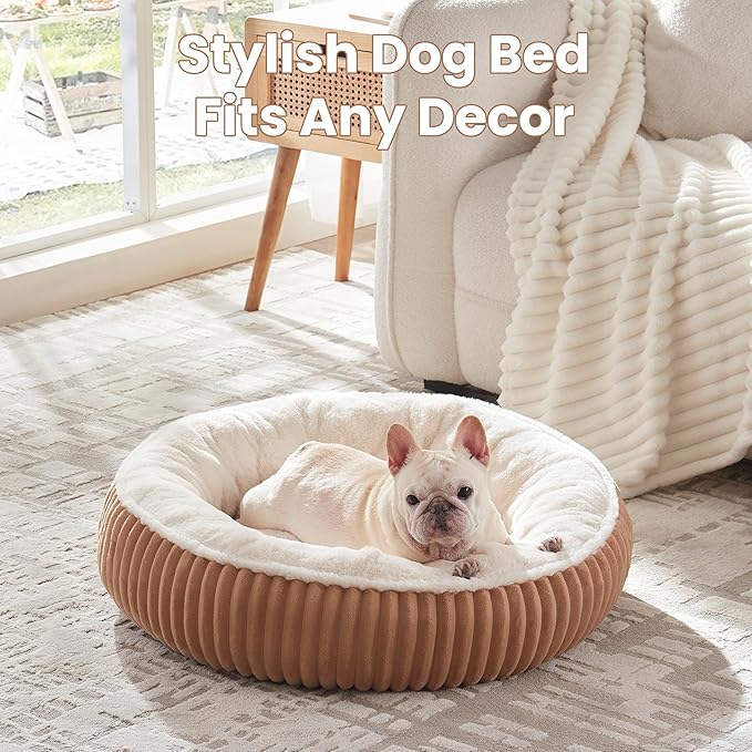 30 inches Donut Dog Bed for Medium Dogs,Calming Round Pet Bed with Removable Cover,Washable Milk Plush Faux Fur, Fits Pets up to 30 lbs(Brown,Medium)