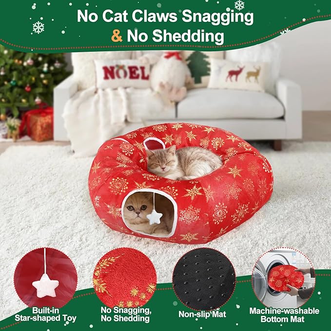 Cat Tunnel Bed for Indoor Cats, L Christmas Tree Skirts Washable Warm Soft Indoor Cat Donut Tunnel, Multifunctional Cat Interactive Playground Toys for Felines Pet Christmas Tree Decoration