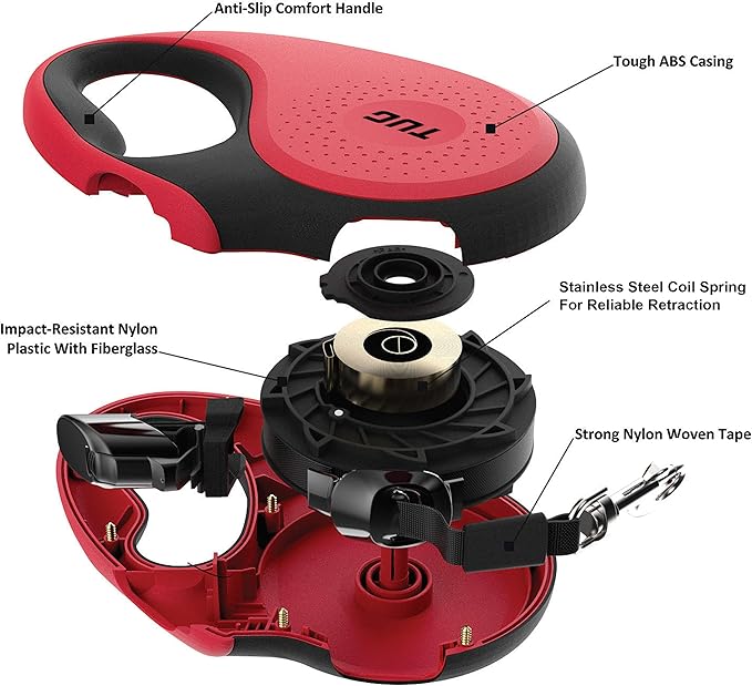 TUG 360° Tangle-Free Retractable Dog Leash with Anti-Slip Handle | 16 ft Strong Nylon Tape | One-Handed Brake, Pause, Lock (Small, Red)