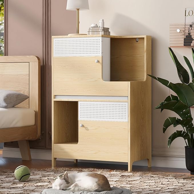 Modern 2 in 1 Cat Furniture, Cat Litter Box Enclosure Side Table, Cat House with Storage, for 2 Small-Medium Sized Cats, Natural