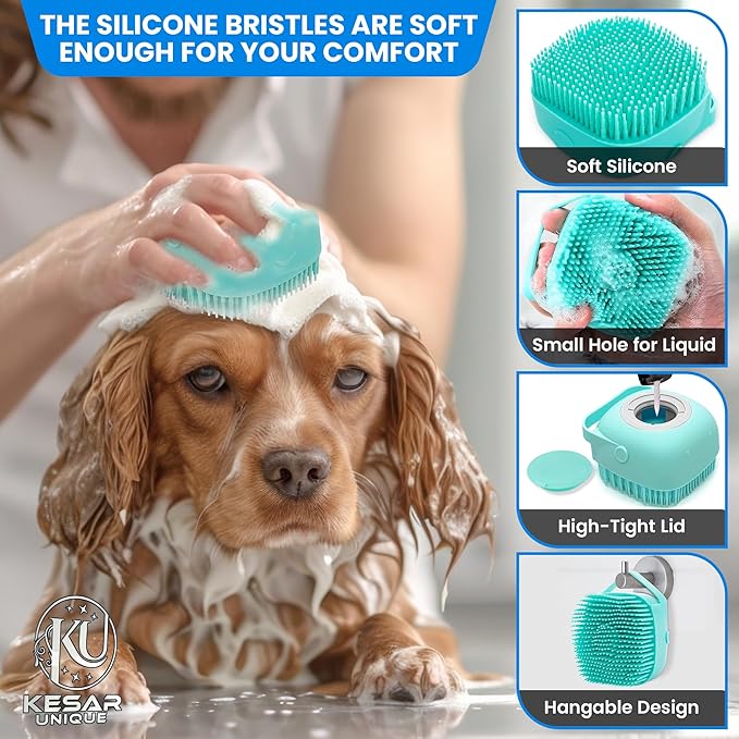 Dog Bathing Supplies – 8PCS Pet Shower & Grooming Kit for Dogs & Cats|Shampoo Dispenser with soft Silicone Bathing Gloves,Scrubber Brush & Finger Toothbrush|Dog Bath Brush for Short & Long Hair