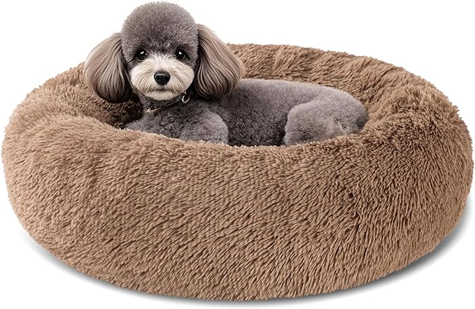 Dog Calming Beds for Small Medium Large Dogs - Round Donut Washable Puppy Dog Bed, Anti-Slip Faux Fur Fluffy Donut Cuddle Anxiety Cat Pet Bed(20'' Khaki