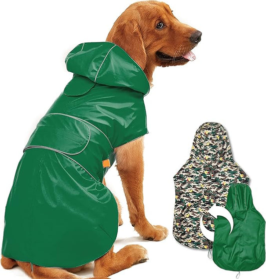 Dog Raincoat Reversible, Single Side Slicker Poncho Adjustable Waterproof Dog Rain Jacket with Leash Hole/Reflective Stripe Hooded Snowproof Windproof Clothes for Small to 3X-Large Dogs, 3XL