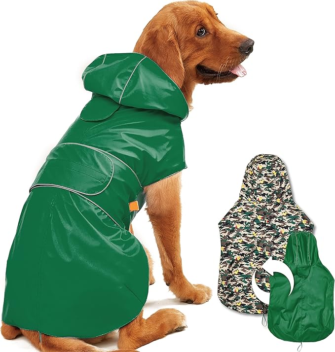 Dog Raincoat Reversible, Single Side Slicker Poncho Adjustable Waterproof Dog Rain Jacket with Leash Hole/Reflective Stripe Hooded Snowproof Windproof Clothes for Small to 3X-Large Dogs, XL