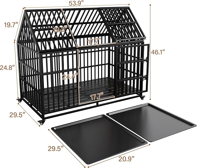 54 inch Heavy Duty Indestructible Dog Crate with Mat, Escape Proof Dog Cage Kennel with Lockable Wheels, High Anxiety Double Door, Extra Large Crate Indoor for Large Dog with Removable Tray