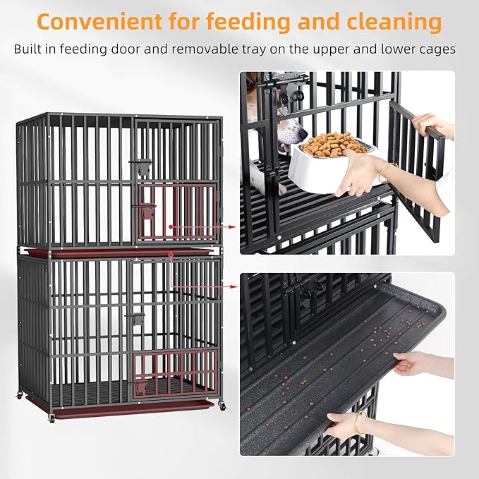 BingoPaw Heavy Duty Dog Crate: 38Inch Dog Kennel Stackable Made by Chew Resistant Square Meatl Tube - Two Tiers Dog Kennel Indoor Escape Proof with Wheel and Tray