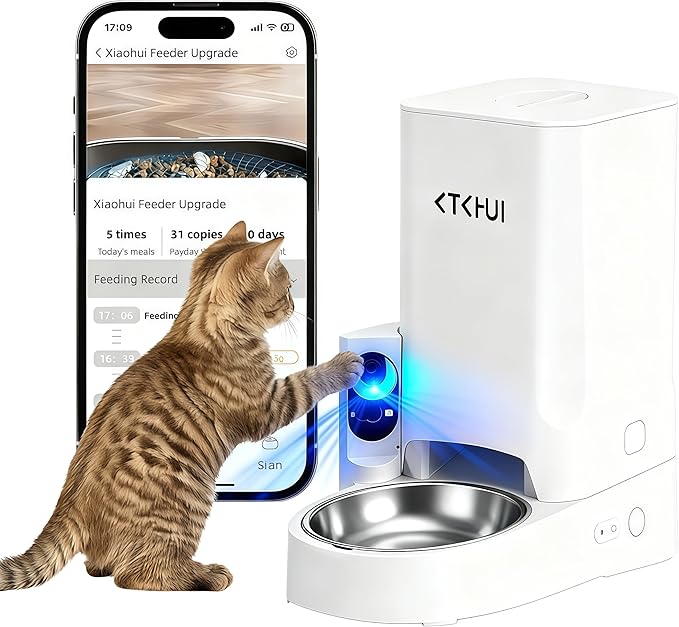 Automatic Cat Feeder with Camera, 1080P HD Video with Night Vision, Scheduled Automatic Pet Feeder, Separated Design Wide Grain Path with 2-Way Audio ＆ Feeding Call Function for Cat & Small Dog
