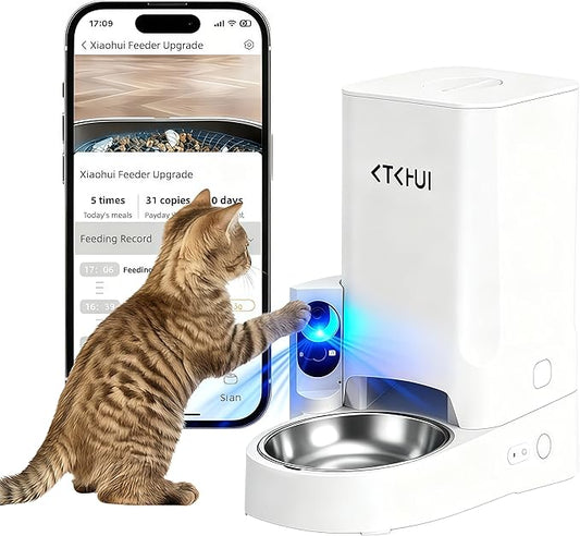 Automatic Cat Feeder with Camera, 1080P HD Video with Night Vision, Scheduled Automatic Pet Feeder, Separated Design Wide Grain Path with 2-Way Audio ＆ Feeding Call Function for Cat & Small Dog