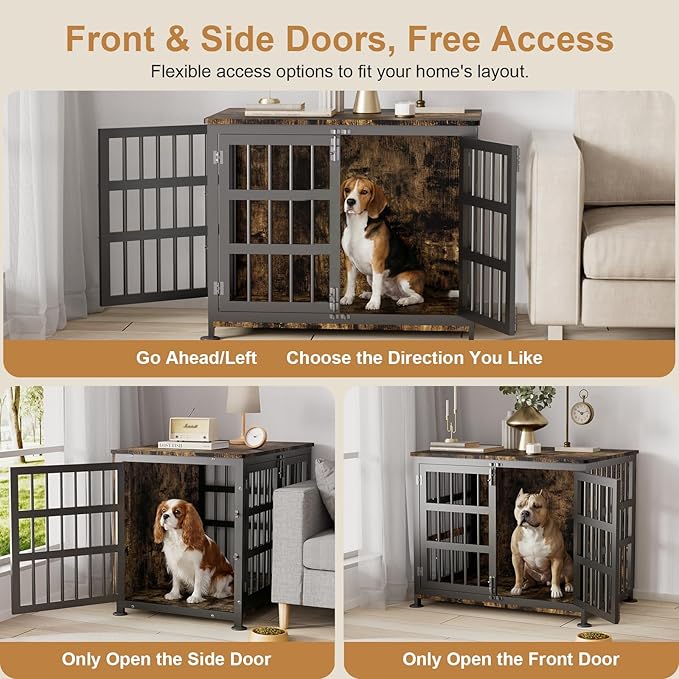 33" Dog Crate Furniture for Medium & Small Dogs with Wheels, Heavy Duty Dog Cage, Indoor Puppy Crate, Wooden Dog Kennel Table, 32.7" L x 22.8" W x 25.2" H, Decorate House as End Table — Rustic Brown