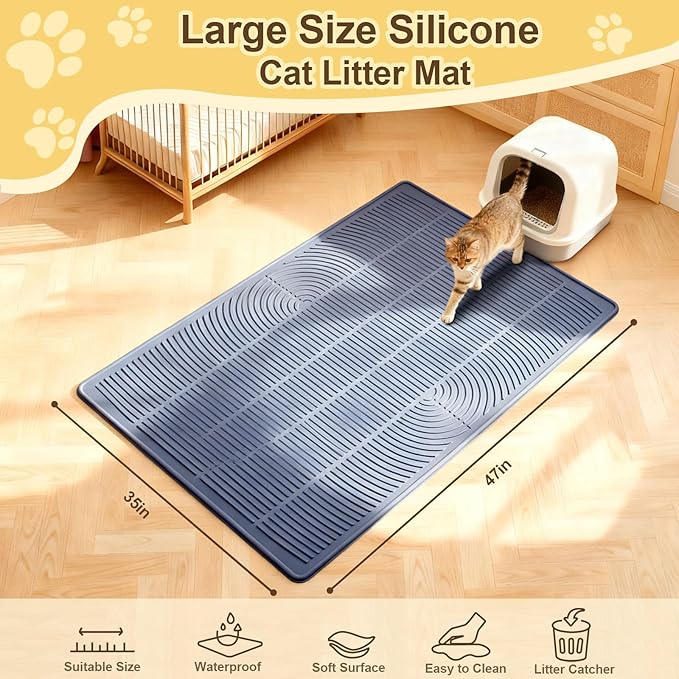 Cat Litter Mat Extra Large 47"x35" Silicone Waterproof Litter Trapping Mat for Litter Box, Non-Slip Urine-Proof Kitty Litter Box Mat with Deep Grooves, Easy Clean Scatter Control Pet Mat (Gray)