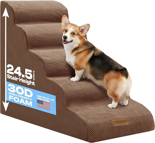 Dog Stairs for High Beds Up to 26-30", 5-Step Foam Pet Ramp with Washable Cover, Gentle Slope Steps, Bed & Couch Ladder for Small Medium Dogs & Senior Cat, Puppy Stairs to Get on Tall Furniture