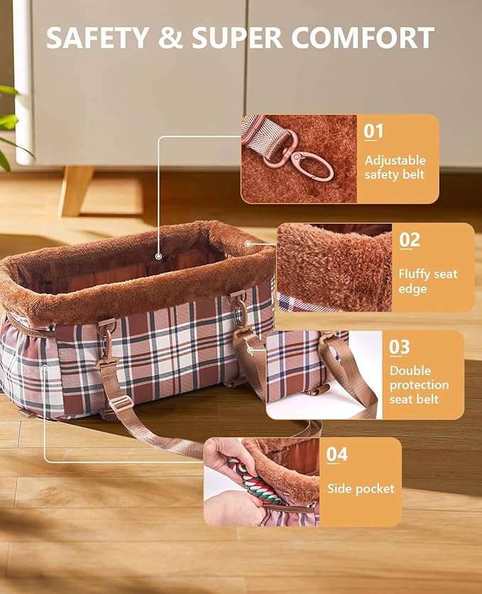 Center Console Dog Car Seat, Puppy Carseat for Small Dogs, Cat Car Seat with Metal Frame and Double Protection Seat Belts, Pet Booster Seat with Washable Cushion and Clip-on Leash Cute Plaid