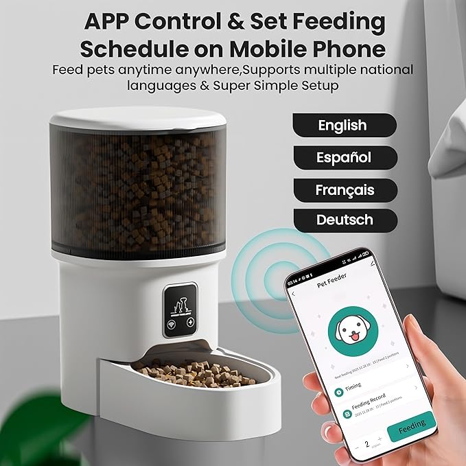 Automatic Cat Feeders - Timed Pet Feeder for Cats and Dogs with Dry Food Dispenser, APP Control Smart, 4L Grain Storage Bucket, Dual Power Supply, Programmable Portion Control (Black Visible)
