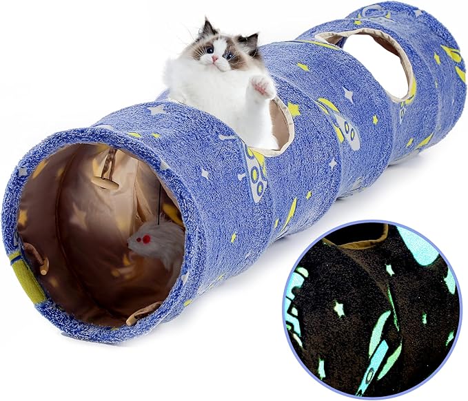 Glowing Astronaut Pattern Cat Tunnel - Collapsible with Plush Balls, Ideal for Indoor Cats, Rabbits, Kittens, Ferrets & Puppies (Blue)