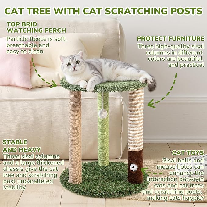 Cat Tree Tower with 3 Scratcher Posts 22inch Tall Cat Tree Sisal Scratching Posts with Fun Cat Toys for Kitty and Adult Cats Small Cat Tower and Perch Bed for Indoor Cats (Green)
