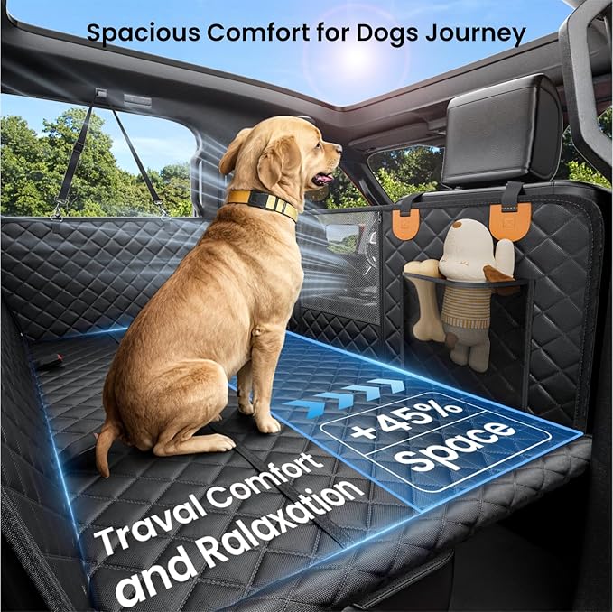 REEVAA Dog Car Seat Cover for Back Seat, Hard Bottom Dog Hammock, Pet Bed Extender for 2-4 Large/Medium Dogs, Ruff Waterproof Seat Protector, Rover Universal L Size for SUV Medium Truck, Black+Orange