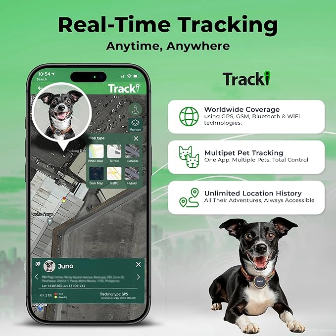 Tracki Dog GPS Tracker – Real-Time Dog Tracker & Pet Tracker – GPS Tracker for Dogs – Smart Alerts, Geo-Fence, Waterproof, Collar-Compatible – Long-Life Battery – iOS & Android (Subscription Required)