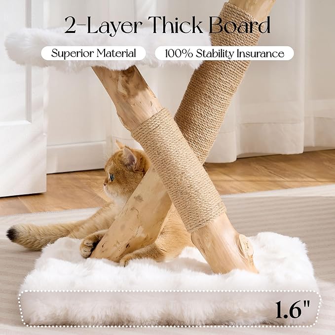 Solid Wood Cat Tree, Modern Cat Tree Tower for Large Indoor Cats, Natural Real Pear Wooden Aesthetic Cat Condo with Scratching Post for Adult Kittens-White