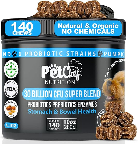 Pet Chef Probiotics for Dogs with Prebiotics & Enzymes 140 Natural Health Soft Chews for Gut & Skin Health Puppy-Friendly Chews. Stops IBS, Gas, Dog Paw Licking & Itching Support (Peanut Butter)