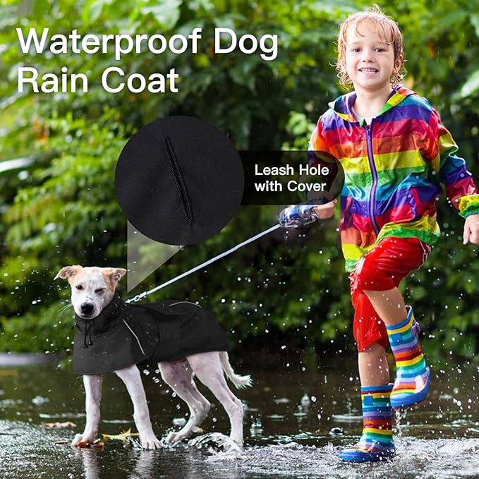 Dog Raincoat, Waterproof Rain Jacket for Large Dogs Poncho with Leash Hole Convertible Hood/Collar Reflective Rain Coat, Lightweight Breathable Stay Secure Walking (Black, XXXL)