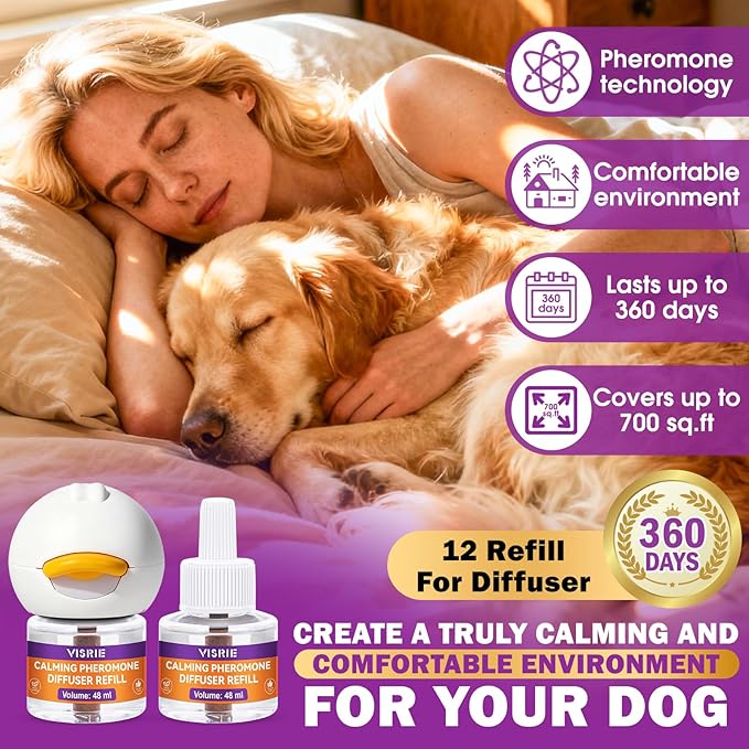 Dog Pheromone Calming Diffuser 16-in-1 Kit Appeasing Pheromone Diffuser to Calm Dogs (4 Plugin+12x48ml Refills) for Anxiety Relief Reduce Barking Aggression Fighting Stress 360 Day Supply(Tasteless)