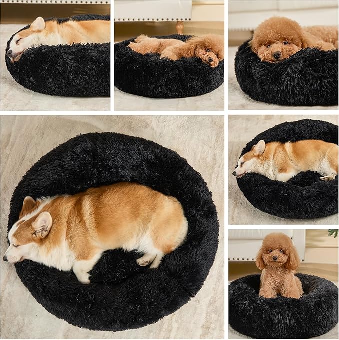 Dog Calming Beds for Small Medium Large Dogs - Round Donut Washable Puppy Dog Bed, Anti-Slip Faux Fur Fluffy Donut Cuddle Anxiety Cat Pet Bed(20" Black