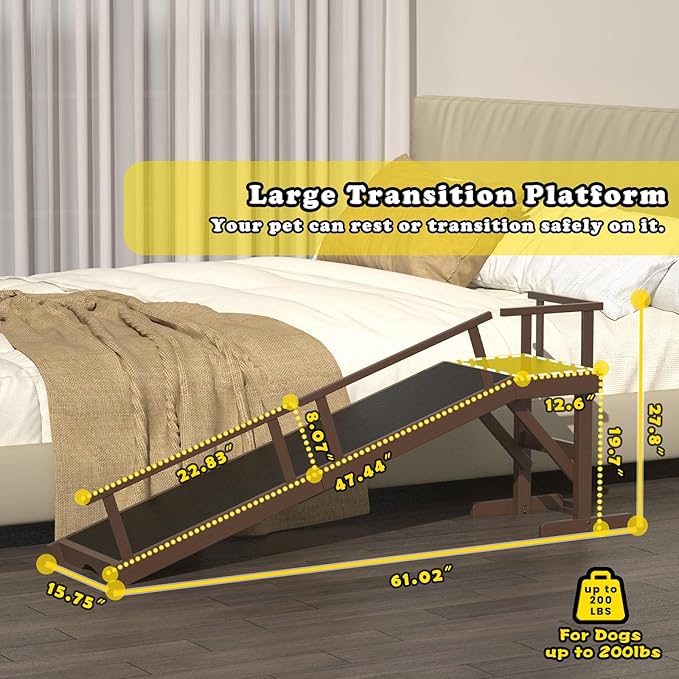 20" Height Dog Ramp for Bed, 61" Long Large Pet Ramp with Non-Slip Surface, Wooden Dog Ramp with Removable Rail & Rest Platform, Also as Dog Stairs for Small Senior Dogs with Glow Strips, Brown