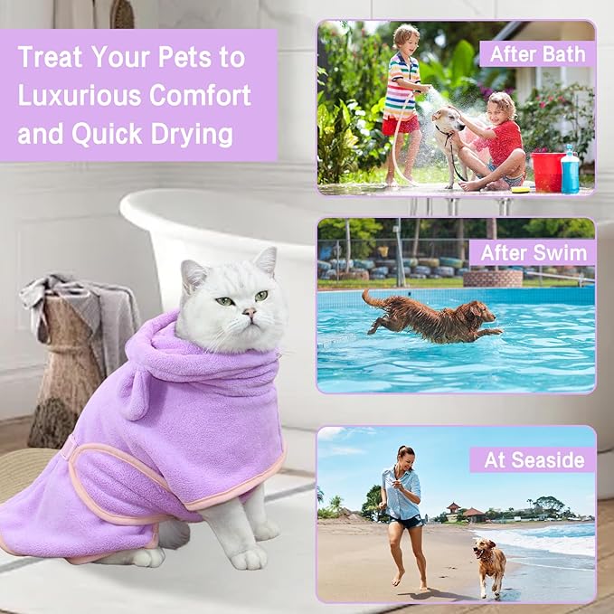 Pet Bathrobe for Dog Cat Absorbently Quick Drying Coat Cute Dogs Bath Towel Hooded Robe Adjustable Collar & Belly Strap for Pool Beach (Purple, X-Large)