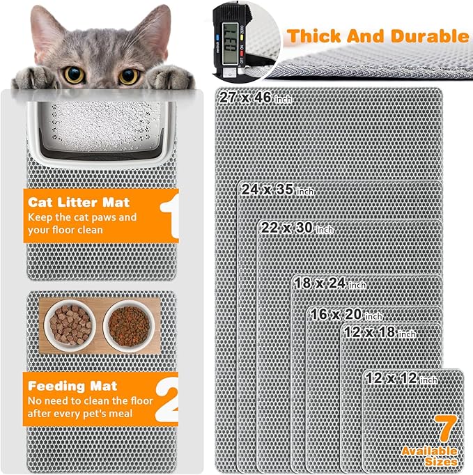 Waterproof Cat Litter Mat, Double Layer EVA, Odor-Free Large Grid, Urine Proof, Easy Cleanup (Gray, 22 x 30)