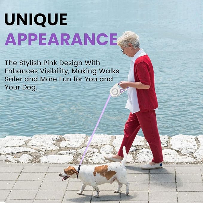 Best Dog Supplies | Pink Retractable Dog Leash with Light, Poop Bag Dispenser, Poop Bag Holder, 2 Elastic Ropes | Set of 4 (Purple)