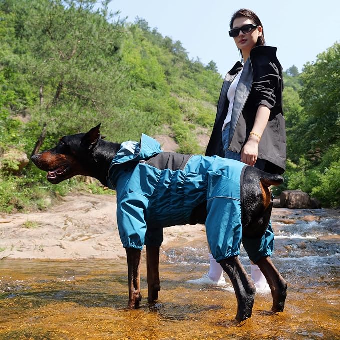 LOVELONGLONG Waterproof Dog Raincoat with Removable Hood – Outdoor Full Body Dog Jacket, Windproof Snowproof Shell Suit – All Season Pet Rain Gear Ocean Teal S