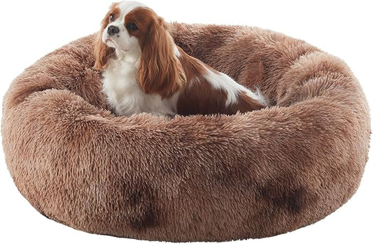 30 inches Donut Dog Bed for Medium Dogs,Calming Fluffy Round Pet Bed with Removable & Washable Cover,Fits up to 45 lbs Pets(Tie-dye Brown,Medium)
