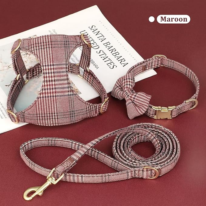 Beirui Cute Extra Small Dog Harness Collar and Leash Set with Bowtie, Soft Adjustable Plaid Puppy Harness for Small Sized Dogs Cats Walks Parties and Photoshoots(Maroon,XS:Chest 13-18")