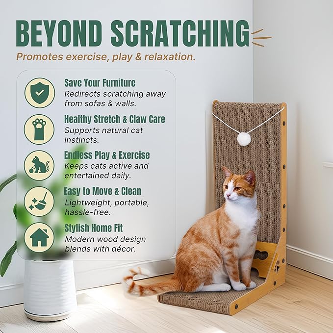 Cat Cuddles Cardboard Cat Scratcher for Indoor Cats - 3-in-1 Vertical & Horizontal Cardboard Scratch Pad with Toy Ball - L-Shape Scratching Post for Furniture Protection